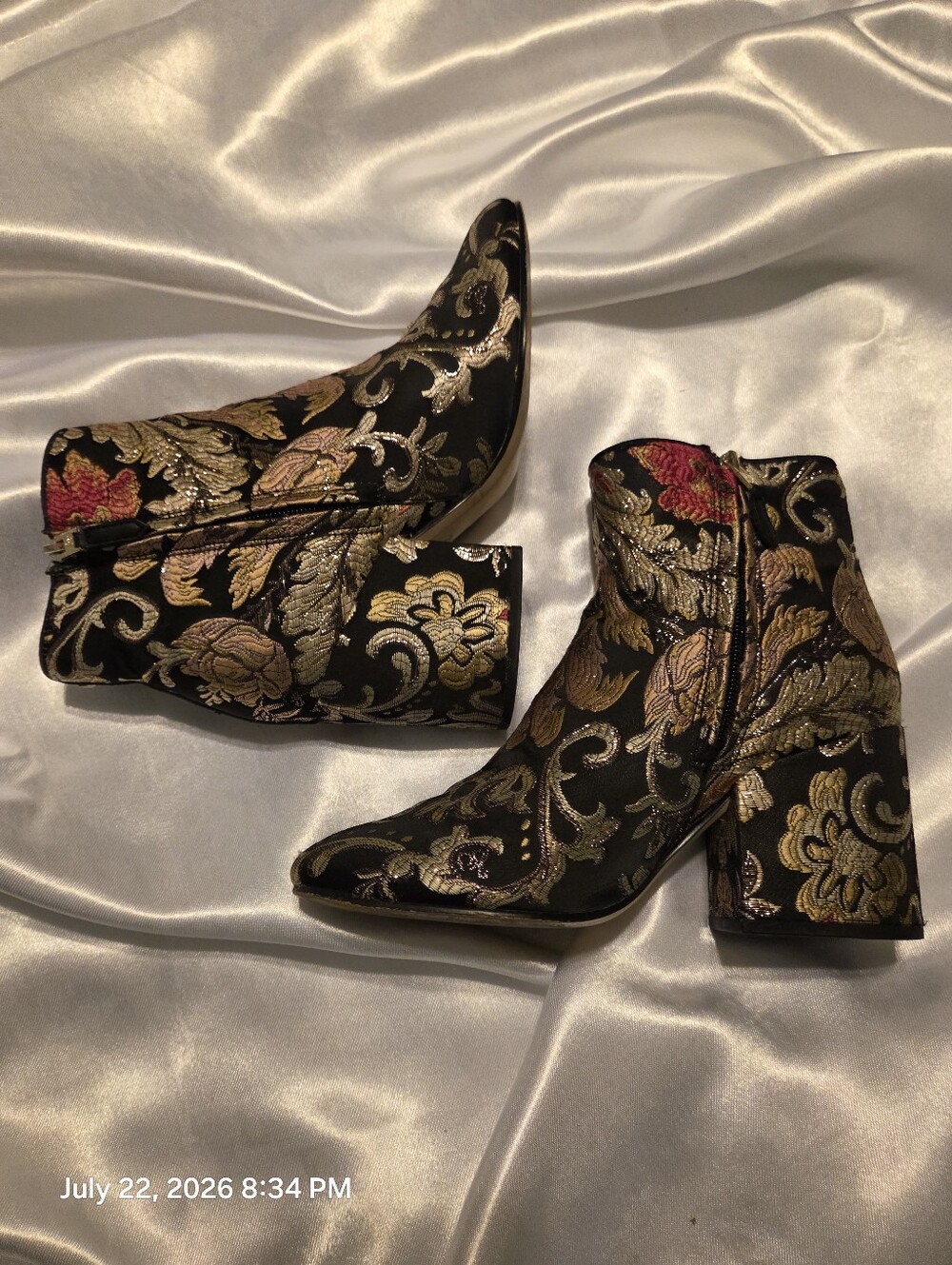 Sam Edelman Black Brocade Floral Ankle Boots with Gold and Pink Embroidery - Picture 5 of 9